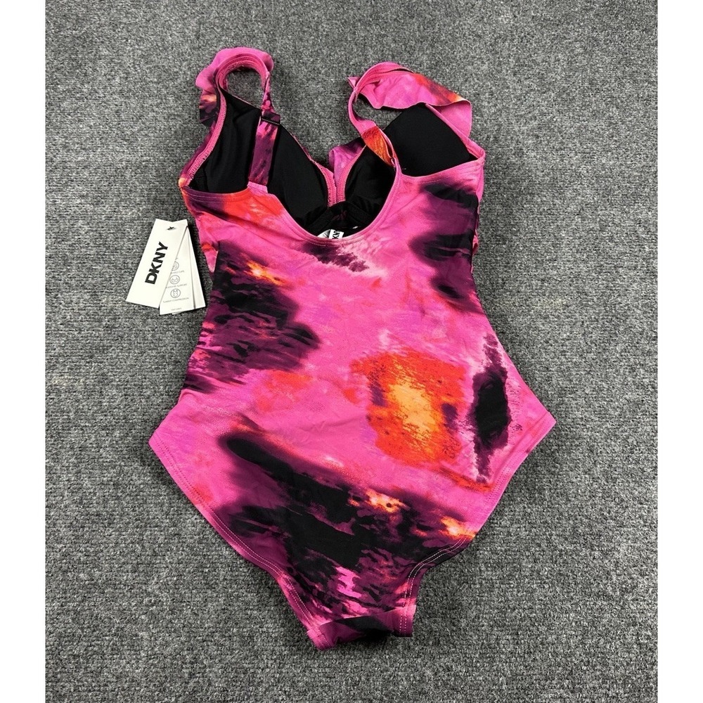 DKNY Women's One-Piece Ruched Ruffle Trim Swimsuit Pink/Red Splash Sz S DIMMS691 - Picture 8 of 9